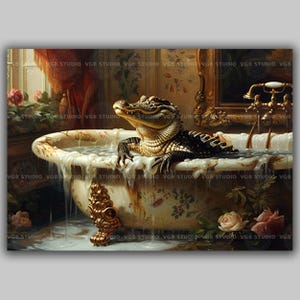 Alligator Taking a Bath in Victorian Bathtub, Crocodile Baroque Poster, Reptile Poster Print, Dark Academia, Bathroom Art Painting p79