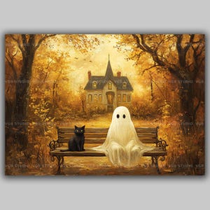 Ghost and Black Cat on a Bench Art Print, Autumn Park Haunted House, Cozy Fall Halloween Decor, Whimsical Gothic Painting w11