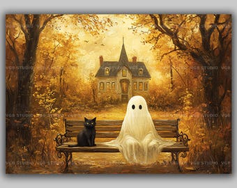 Ghost and Black Cat on a Bench Art Print, Autumn Park Haunted House, Cozy Fall Halloween Decor, Whimsical Gothic Painting w11