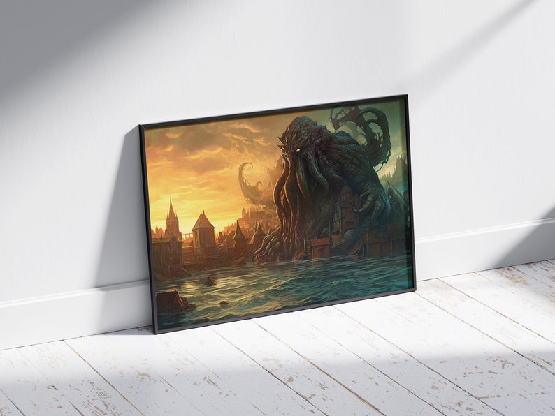 Embrace the darkness and terror of HP Lovecraft's universe with this stunning Lovercraftian art, featuring a cosmic horror painting of Cthulhu rising, perfect for any lover of horror art and ancient gods