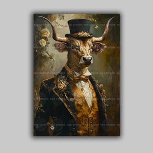 Bull Dressed Print Animal Portrait Wall Art Whimsical Cow Decor Victorian Style Farm Animal Illustration Rustic Fantasy Gift for Home k72