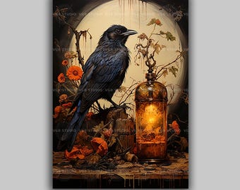 Raven Art Print gotische kraai en lantaarn donker bos nacht vogel vintage botanische hekserij heidense decor mystieke muurkunst D28