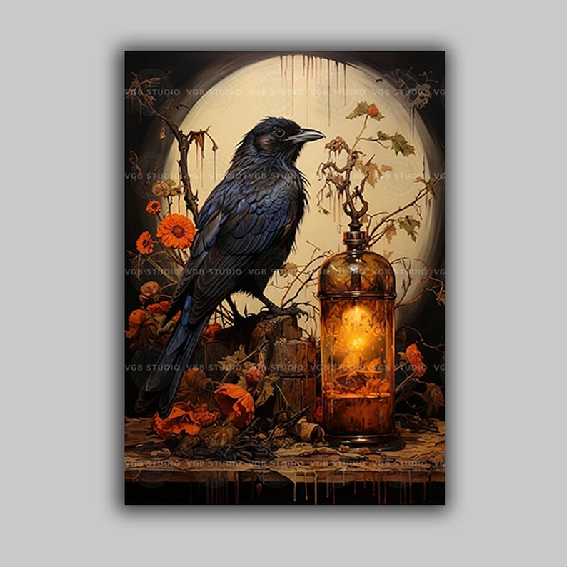 Raven Art Print Gothic Crow and Lantern Dark Forest Night Bird Vintage ...