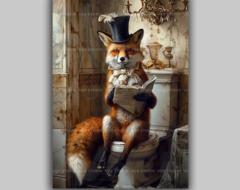 Renard sur les toilettes, impression d'art | Gentleman lisant un journal haut de forme Salle de bains victorienne | Décoration murale animal rigolote pour salle d'eau vintage excentrique L22
