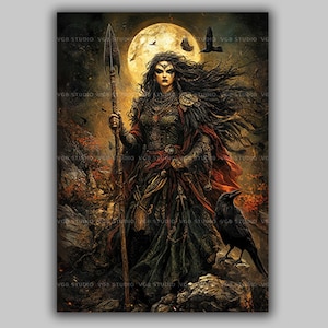 Könnte beinhalten: Digitaler Kunstdruck mit einer Kriegerin mit langen dunklen Haaren, die einen Speer hält und vor einem Vollmond steht. Ein schwarzer Rabe sitzt auf einem Felsen. Das Kunstwerk hat ein Fantasy-Thema mit dunklen, erdigen Tönen.
