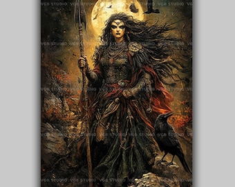 Badb Morrigan Celtic War Goddess Print, Irish Mythology Raven Queen Wall Art, Phantom Crow Deity Painting, Pagan Witch Altar Gothic AL30