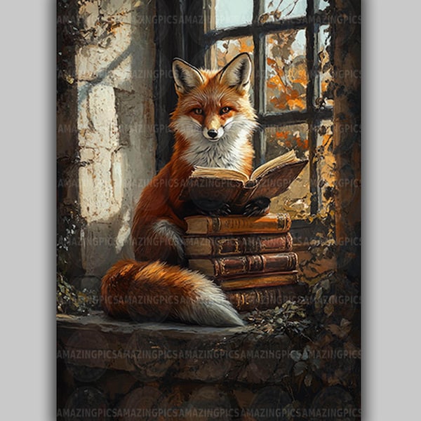 Fox Reading Books Art Print Autumn Library Fantasy Animal Scholar Cozy Cottagecore Wall Decor Whimsical Woodland Rustic Home Gift AE75