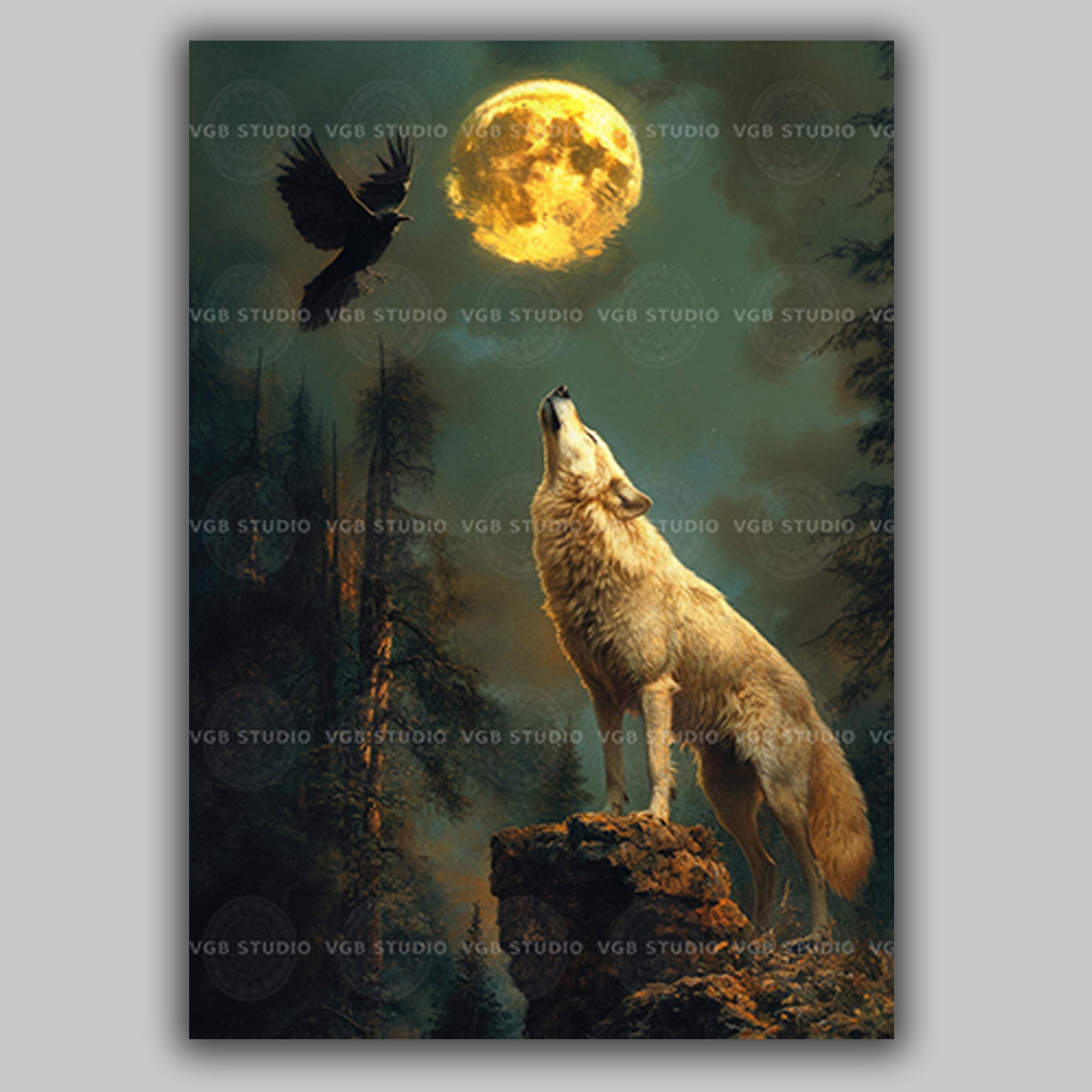 Wolf and Raven Moon Art Print, Mystical Forest Animal Wall Decor, Full Moon Poster, Dark Nature Fantasy Artwork for Wild Spirit Lovers AF40