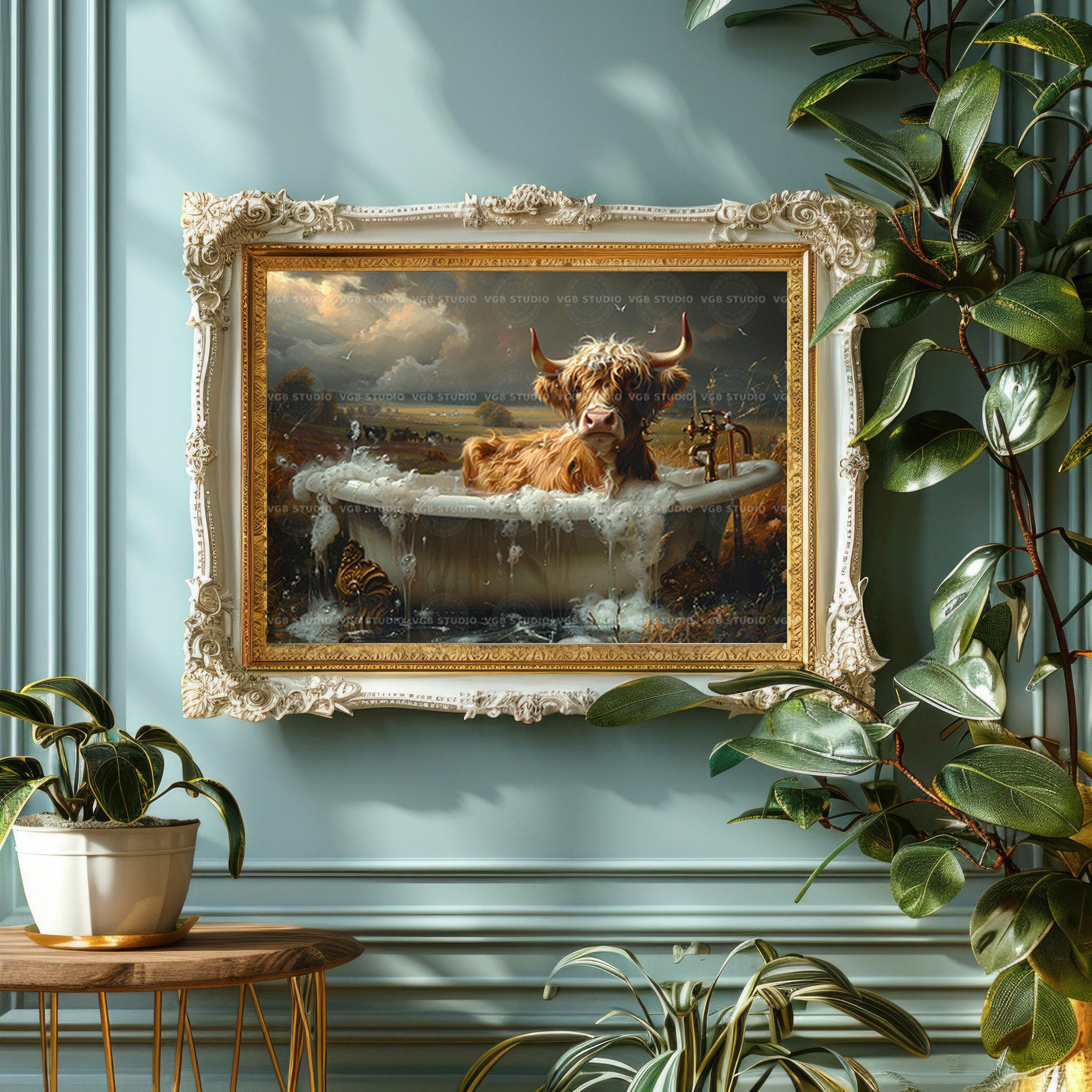 Blue-Toned Highland Cow Bathroom Decorative Painting – Unique Farmhouse Artwork, Multi-Panel Canvas For Wall Decor - View #2