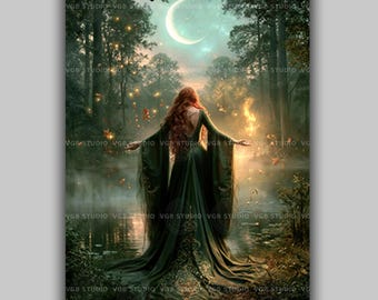 Brighid Celtic Goddess Art Print, Brigid Sacred Flame Beneath Crescent Moon, Enchanted Forest Wall Decor, Irish Mythology Pagan Altar AN90