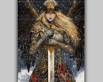 Valkyrie Warrior Goddess Art Print Norse Mythology Wall Decor Winged Shieldmaiden Nordic Fantasy Gothic Female Knight Portrait AL25