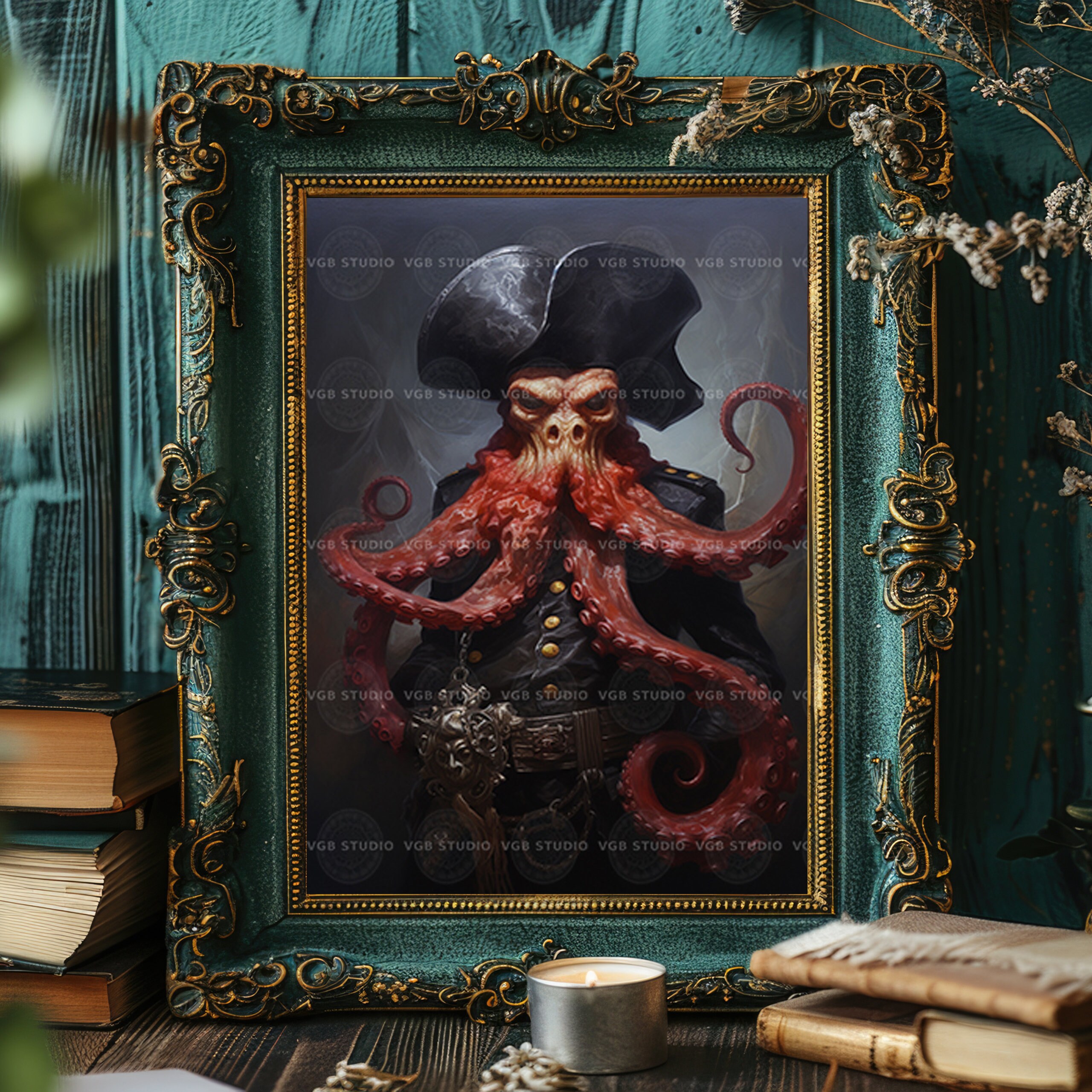Kraken Octopus Pirate Ship Captain Fine Art Giclee, Baroque