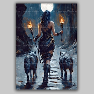 Hecate Art Print | Goddess with Wolves Torches Full Moon Blue | Mythology Wall Decor Dark Feminine Witchcraft Spiritual Fantasy | ah55