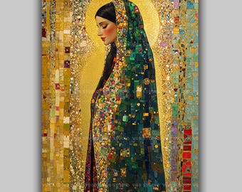 May include: A vertical art print featuring a woman with dark hair and a golden halo. She wears a green and gold patterned cloak. The background is a mosaic of gold, green, and other colors, creating a rich, textured effect.