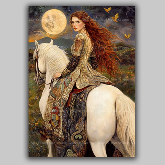 Rhiannon Welsh Pagan Goddess of Moon and Fertility Fine Art Print, Enchanting Celtic Horsewoman Esoteric Mystical Night and Magic Art x54