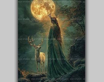 Elen of the Ways Celtic Goddess Art Print Ancient Deer Antlered Deity Pagan Mythology Sacred Feminine Woodland Forest Spiritual Decor AG30