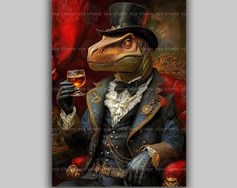 Lámina decorativa de pared con un T-Rex caballero divertido, dinosaurio victoriano con sombrero de copa, retrato de reptil peculiar, regalo para amantes de los dinosaurios y animales de estilo Dark Academia t49