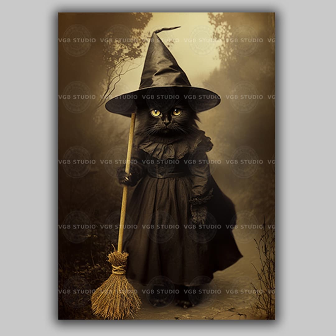 Black Cat Witch Wall Art Print, Gothic Halloween Decor, Cute Spooky ...