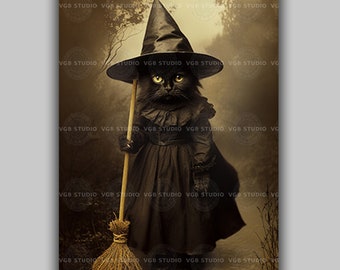 Black Cat Witch Wall Art Print, Gothic Halloween Decor, Cute Spooky Kitten Illustration, Dark Academia Autumn Artwork, Wicca Gift w54