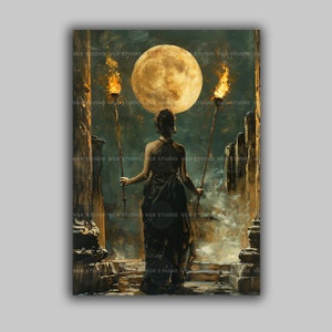 Hecate Goddess Art Print Dark Moon Priestess Holding Twin Torches Witchcore Pagan Decor Greek Mythology Wall Art Witches Occult Lovers r79