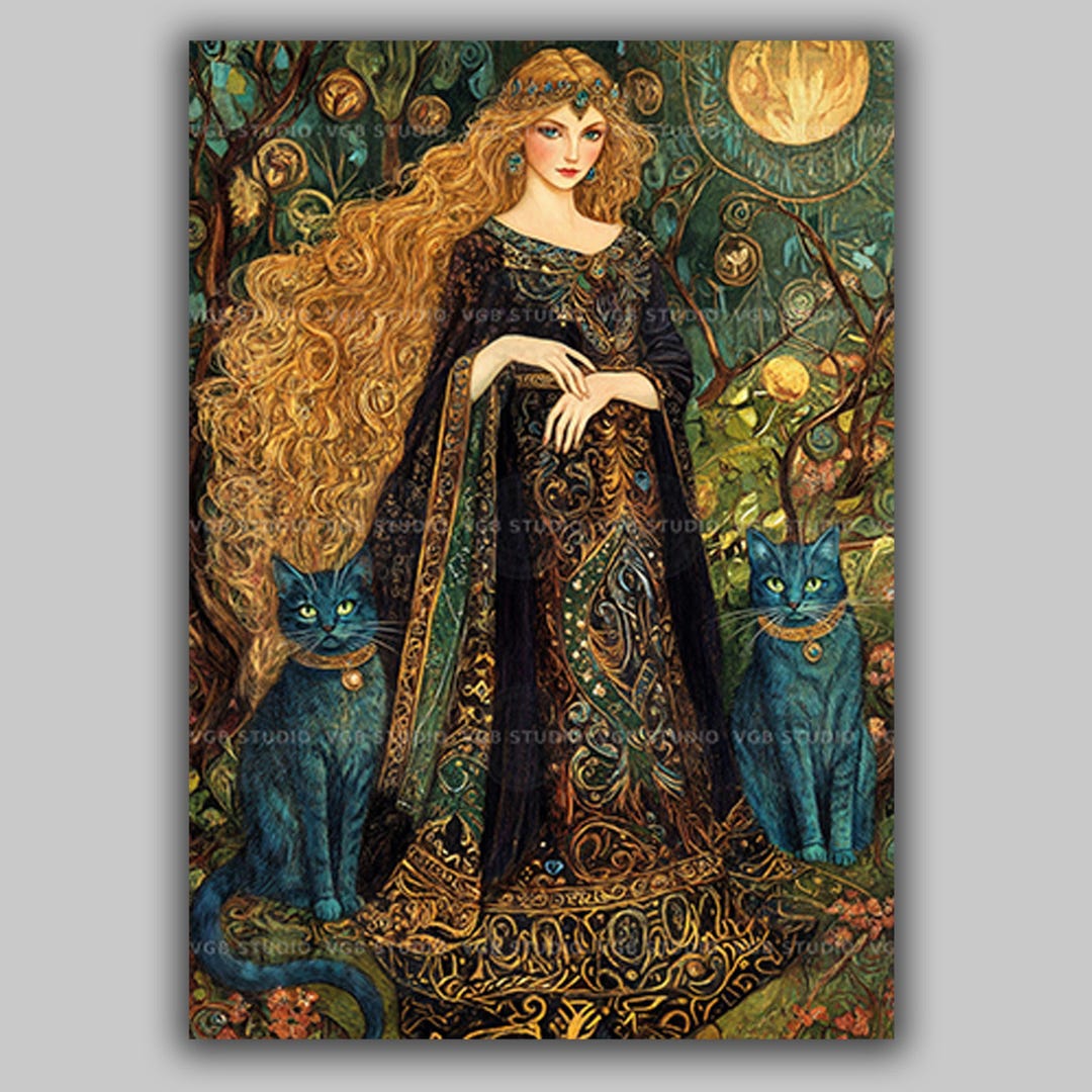 Diosa nórdica Freyja, gatos místicos azules y decoración lunar