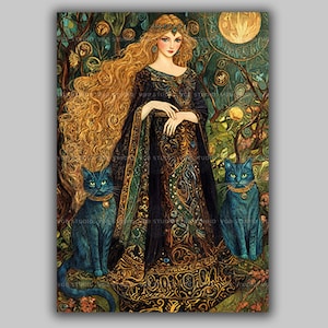 Freyja Norse Goddess Blue Mystical Cats and Moon Decor,Nordic Mythology Enchanting Freya Portrait Illustration,Feminine Magic and Power aa75