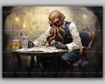 Octopus Gentleman Cthulhu Dapper Goth Print, Baroque Classical Chiaroscuro Horror Painting, Whimsical Animals, Lovecraft Artwork D26
