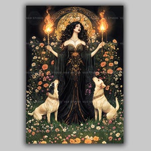 Hecate Art Print Triple Moon Goddess Holding Torches with Dogs Pagan Witchcraft Wall Decor Floral Wiccan Priestess Dark Feminine AH67