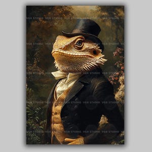 Lámina artística de retrato victoriano de dragón barbudo, decoración de pared de caballero reptil con sombrero de copa, pintura gótica de lagarto, regalo caprichoso de estilo Dark Academia AC27