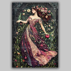 Persephone koningin van de onderwereld Art Print, godin van de lente en wedergeboorte, Griekse mythologie decor, renaissance mystic bloemenmozaïek y72