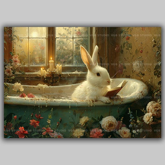 Whimsical Bunny Art Print Rabbit in Bathtub Reading Vintage Cottagecore Bathroom Decor Cozy Animal Illustration Floral Pastel Wall Art S06