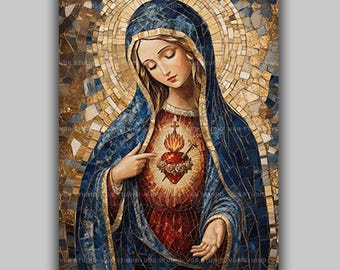 Immaculate Heart of Mary Art Print, Flaming Heart Pierced by a Sword, Blue and Red Mosaic Icon of the Virgin, Catholic Altar Decor AN39