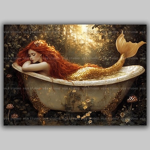 Mermaid Bathtub Art, Enchanted Forest Siren, Ethereal Fantasy Decor, Mythical Water Nymph Print, Gothic Romantic Fairytale Wall Art AE27