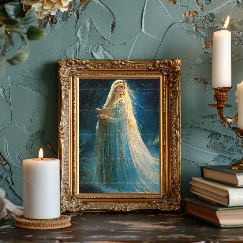 Lady of the Lake Wall Art, Enchanted Sorceress in Blue Gown with Magic Book, Arthurian Fantasy Print, Celestial Witch Home Decor Gift z91 image 4