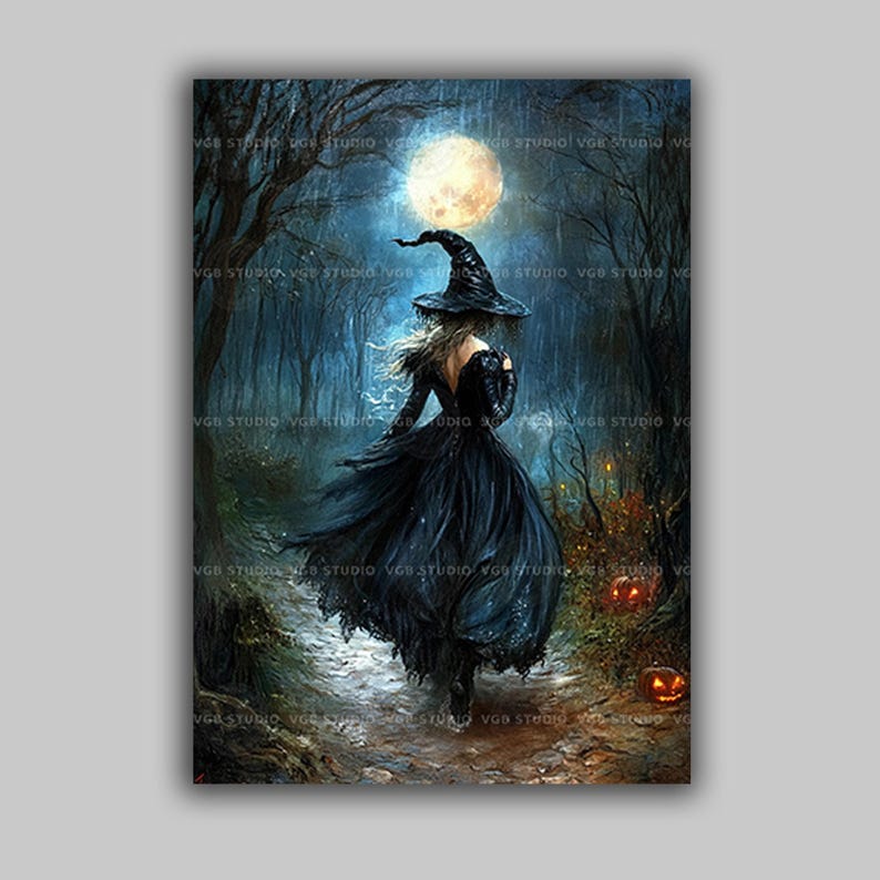 Witch Wall Art Print, Gothic Halloween Decor, Full Moon Painting, Occult Aesthetic, Dark Academia Poster, Witchy Gifts, Pagan Altar t46 image 1