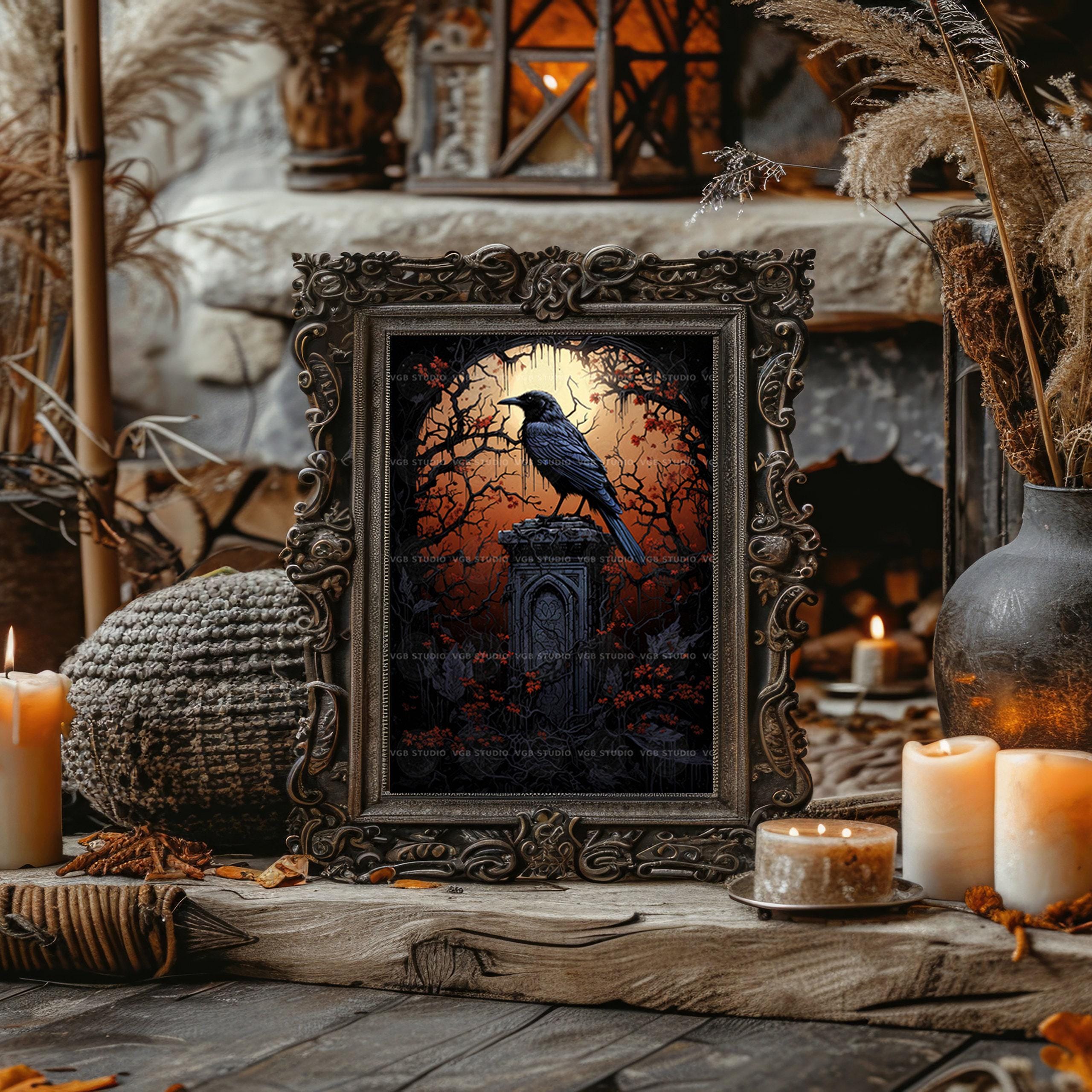 Gothic Raven Art Print, Dark Academia Crow Wall Decor, Black Bird