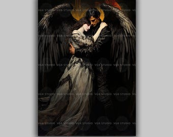 Dark Angel Couple Art Print, Gothic Romance Wall Decor, Fallen Angel Embrace, Black Wings, Fantasy Love Painting Victorian Dark Academia G68