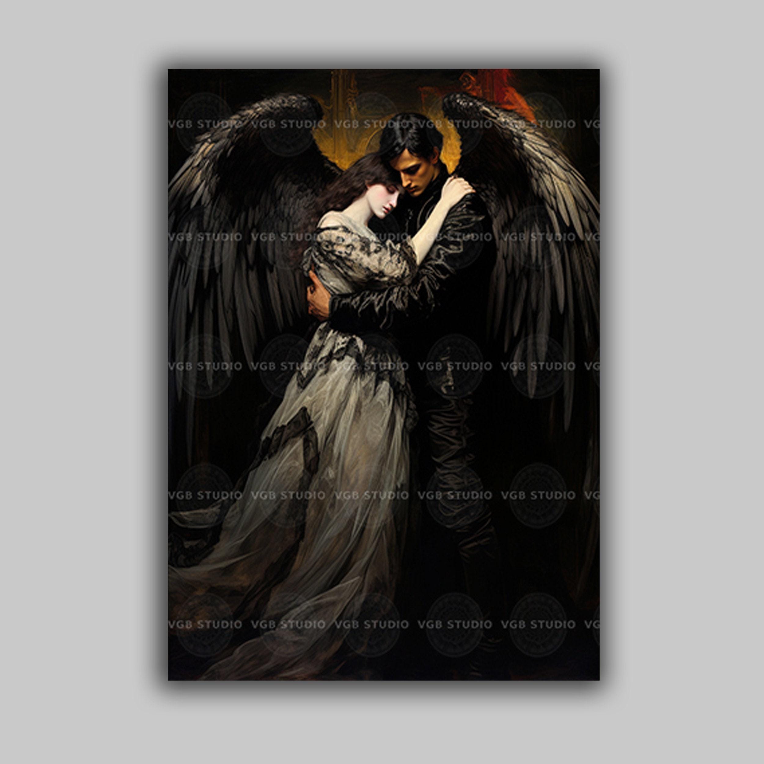 Dark Angel Couple Art Print, Gothic Romance Wall Decor, Fallen