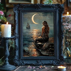 Lámina decorativa de sirena a la luz de la luna, decoración náutica oscura, pintura de barco, ilustración fantástica, estética costera, Mermaidcore, magia del océano AF74 imagen 5