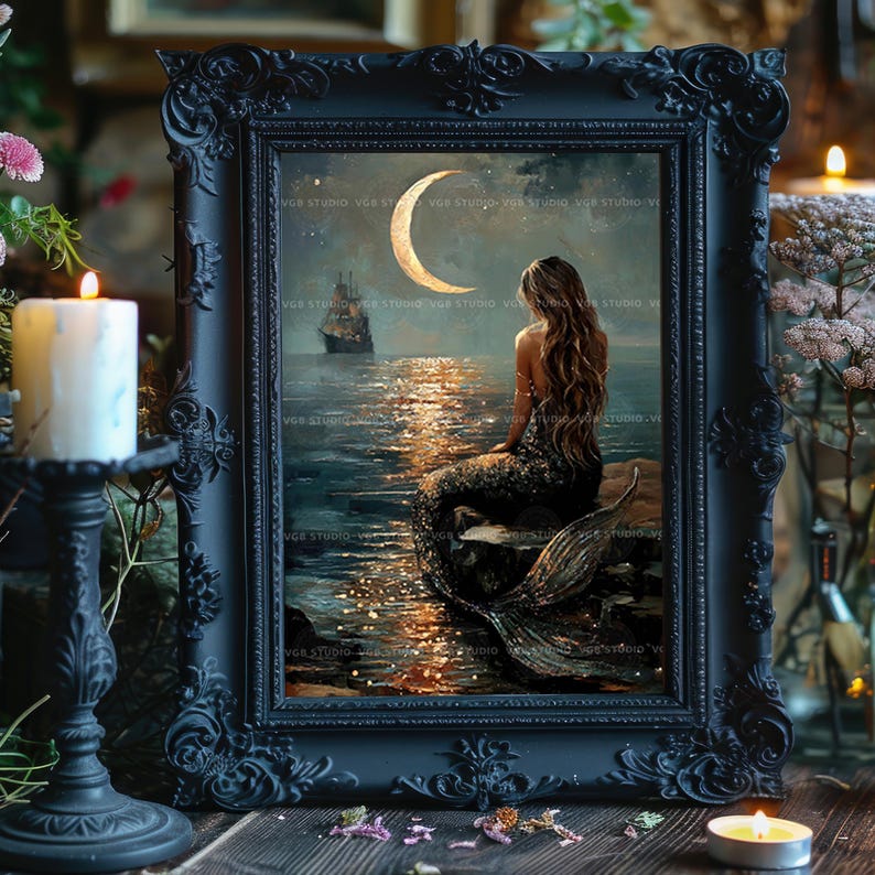 Lámina decorativa de sirena a la luz de la luna, decoración náutica oscura, pintura de barco, ilustración fantástica, estética costera, Mermaidcore, magia del océano AF74 imagen 5