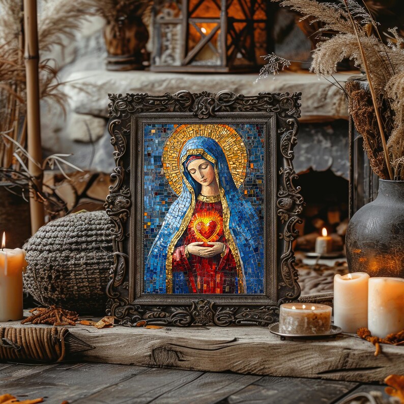 May include: A framed mosaic art piece depicting a religious figure with a blue veil and a golden halo. The figure holds a glowing heart. The frame is ornate, dark, and sits on a wooden surface with candles and decorative elements.