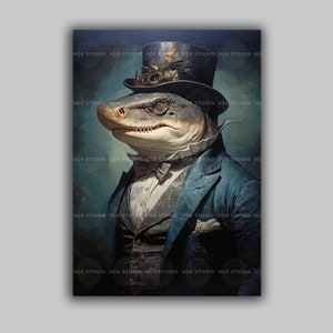 Shark in Suit Wall Art Dapper Sea Creature Print Nautical Animal Portrait Victorian Ocean Decor Whimsical Marine Fantasy Illustration M72
