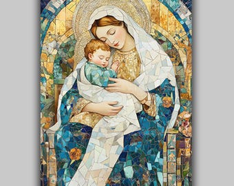 Virgin Mary and Sleeping Baby Jesus Mosaic Wall Art Print, Divine Providence Icon Poster, Byzantine Decor, Catholic Nursery Gift AP14T