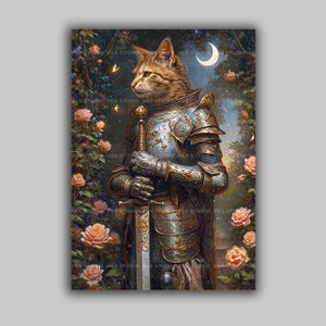 Cat Knight Wall Art Medieval Animal Portrait Renaissance Warrior Kitten Print Fantasy Rose Garden Decor Whimsical Silver Armor Moon L16