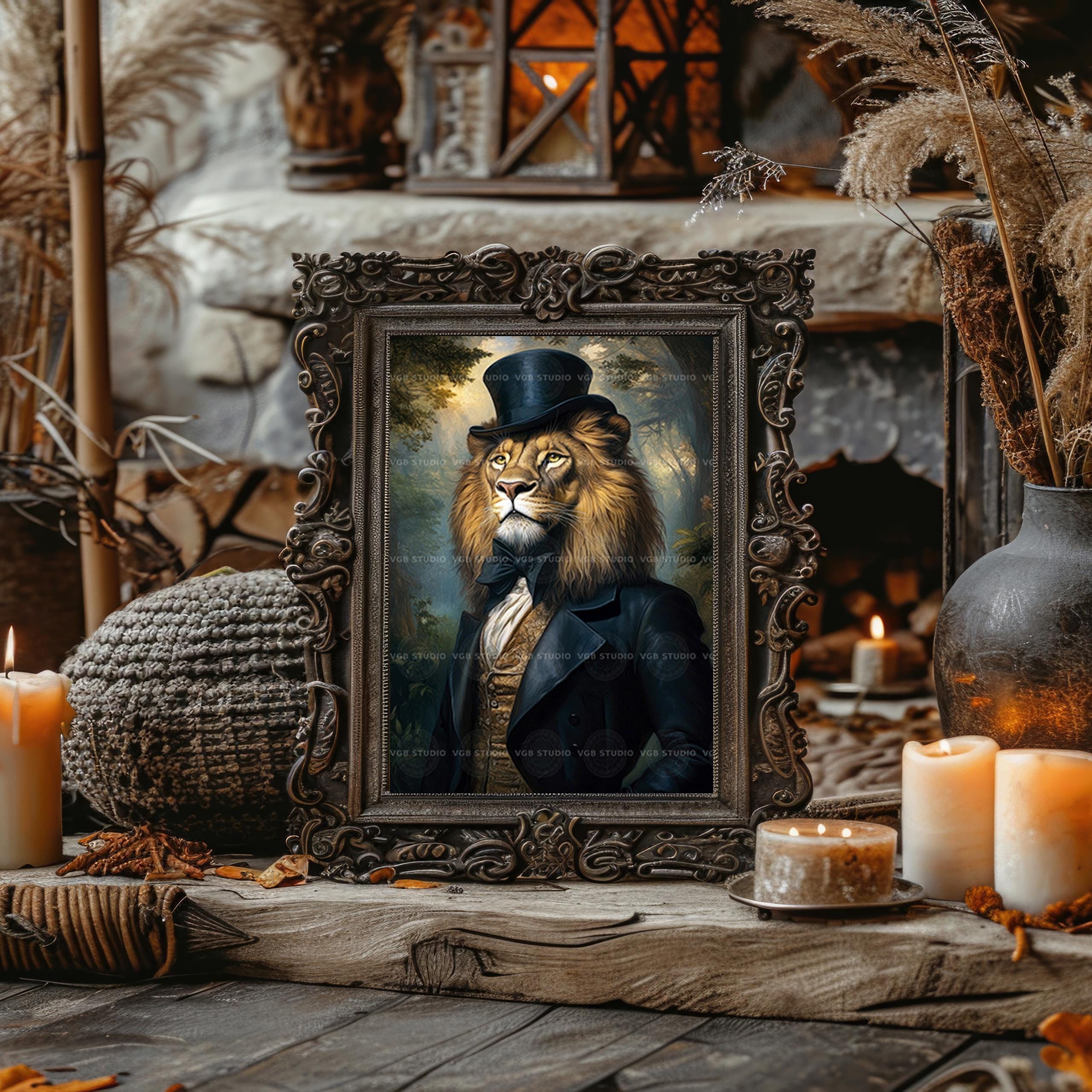 Victorian Lion Art Print in Regal Waistcoat and Top Hat, Majestic ...