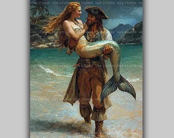 Pirate Carrying Mermaid Art Print Fantasy Ocean Romance Nautical Wall Decor Mythical Sea Creature Love Story Illustration Beach Coastal y30