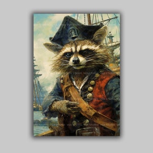 Pirate Raccoon Art Print Nautical Animal Decor Whimsical Wall Art Funny Pirate Illustration Captain Badger Kids Room Adventure Gift f40