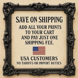 a sign with a black ornate frame, containing a message about shipping and US customers.