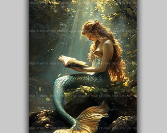 Mermaid Art Print Reading Book Lover Gift Ocean Fantasy Decor Whimsical Wall Art Enchanted Forest Literary Siren Mythical Painting AE73