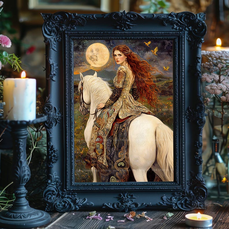 Rhiannon Welsh Pagan Goddess of Moon and Fertility Fine Art Print, Enchanting Celtic Horsewoman Esoteric Mystical Night and Magic Art x54 image 5